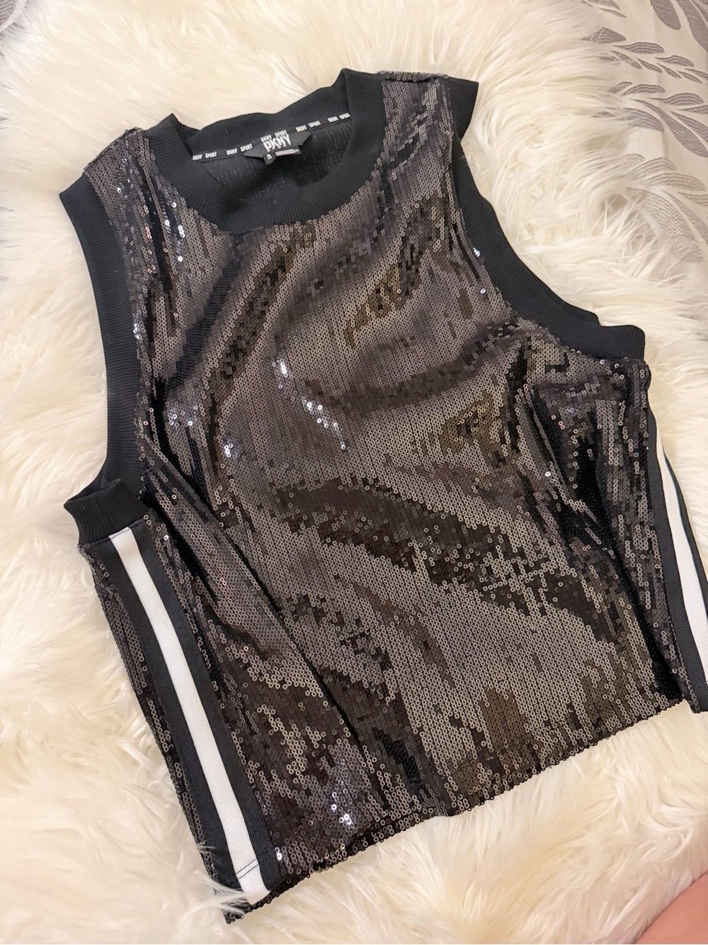 DKNY Black Sequin Sleeveless Tank with Sport Stripe